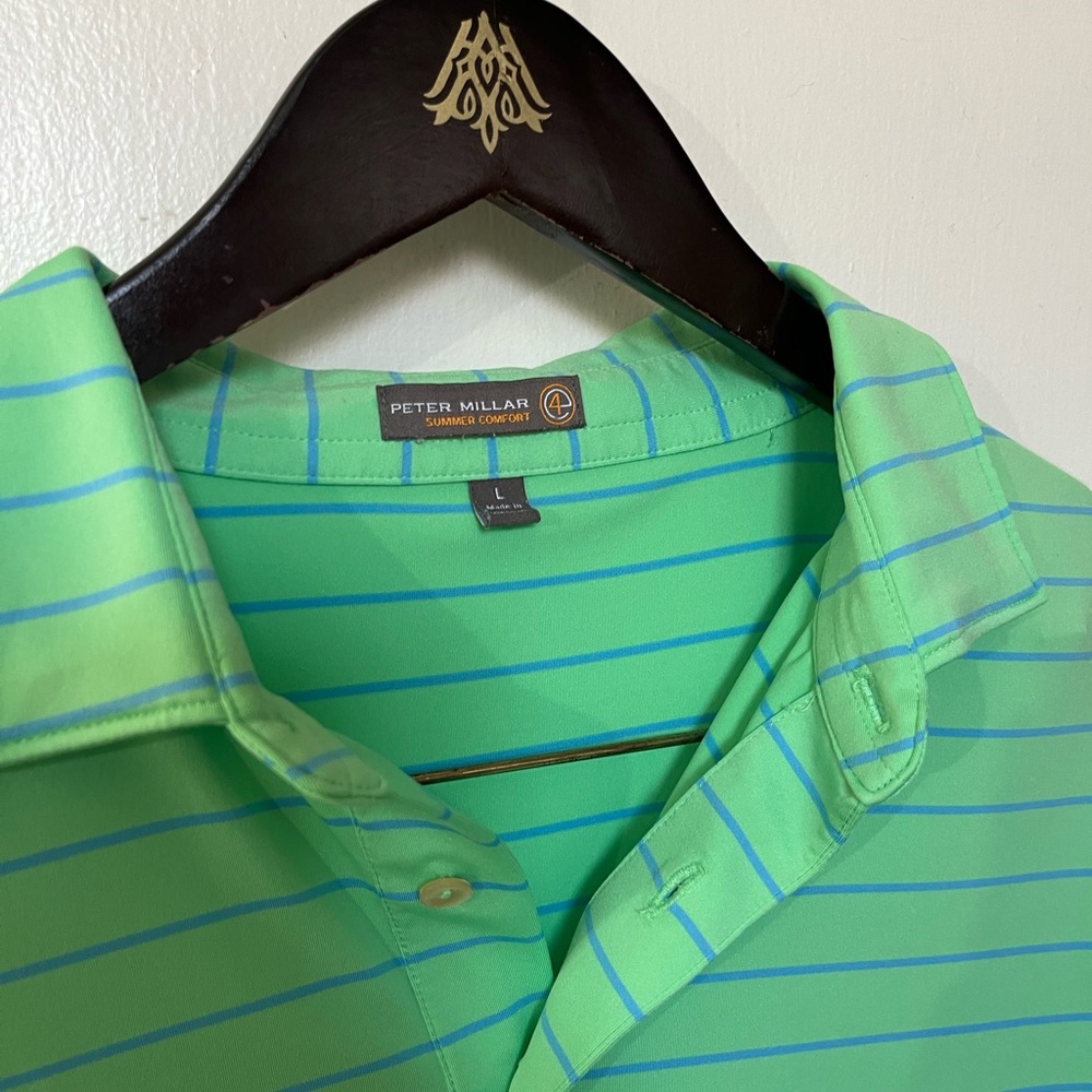 Peter Millar Summer Comfort Green Blue Striped Golf Polo Shirt Mens Large - Picture 3 of 7